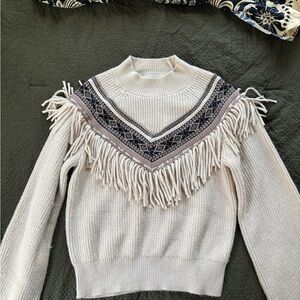 Z Supply Cream Fringe Yoke Turtleneck Sweater with Patterned Accent